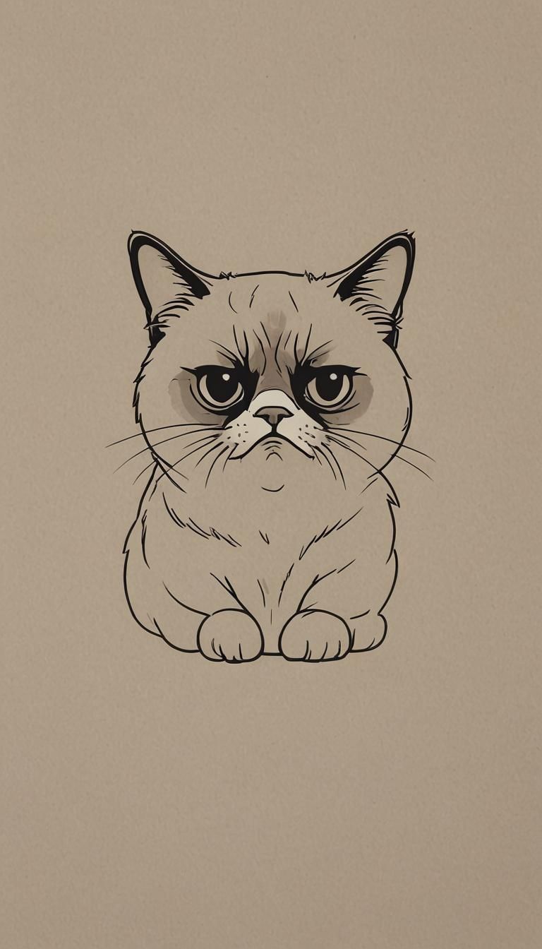 Grumpy Cat in Minimalist Line Art Style