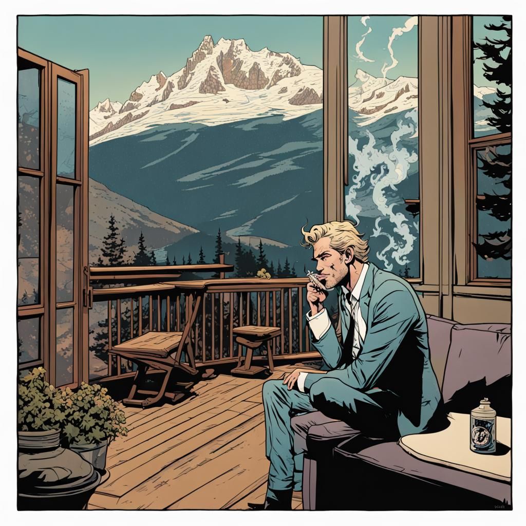 John Constantine Illustration Overlooking Ski Mountain