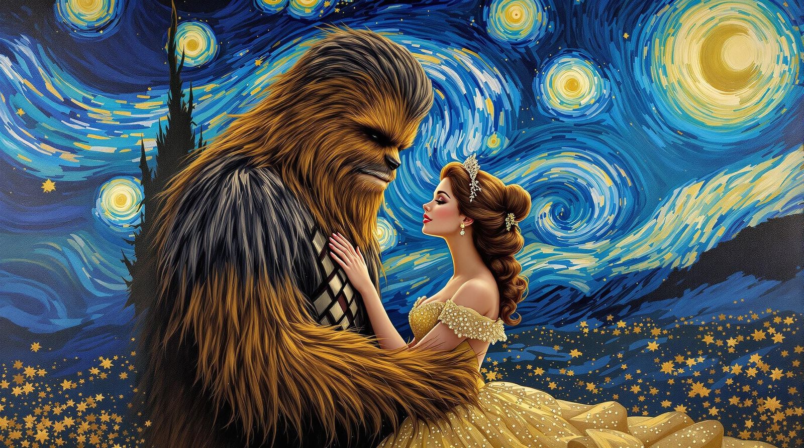 Gorgeous Princess Belle with Chewbacca in Impressionist Styl...