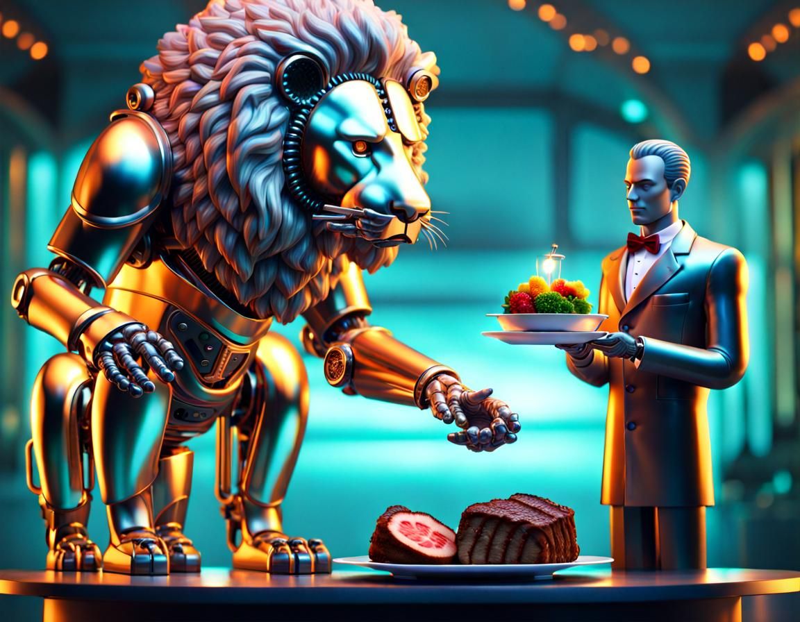 Android Butler Serves Steak to a Lion