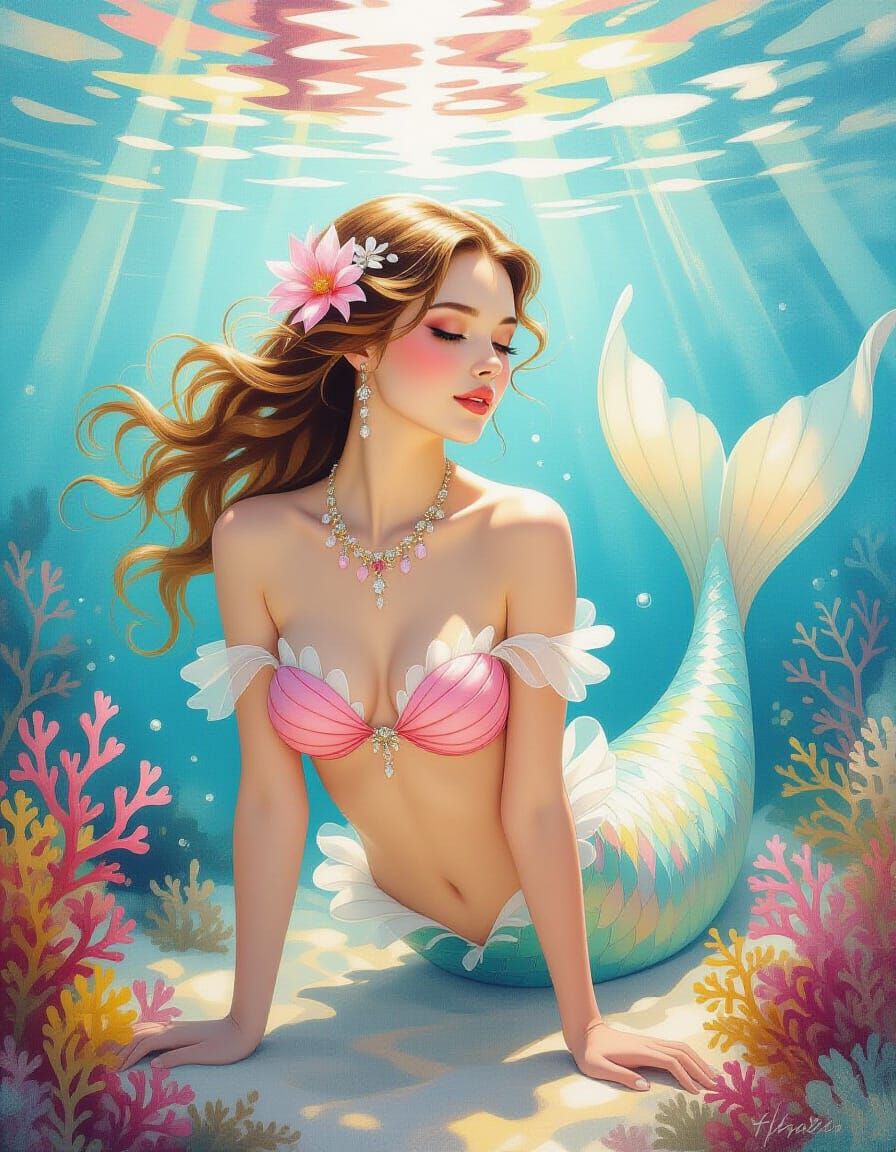 Graceful Mermaid Drifting Under the Sea as Impressionist Pai...