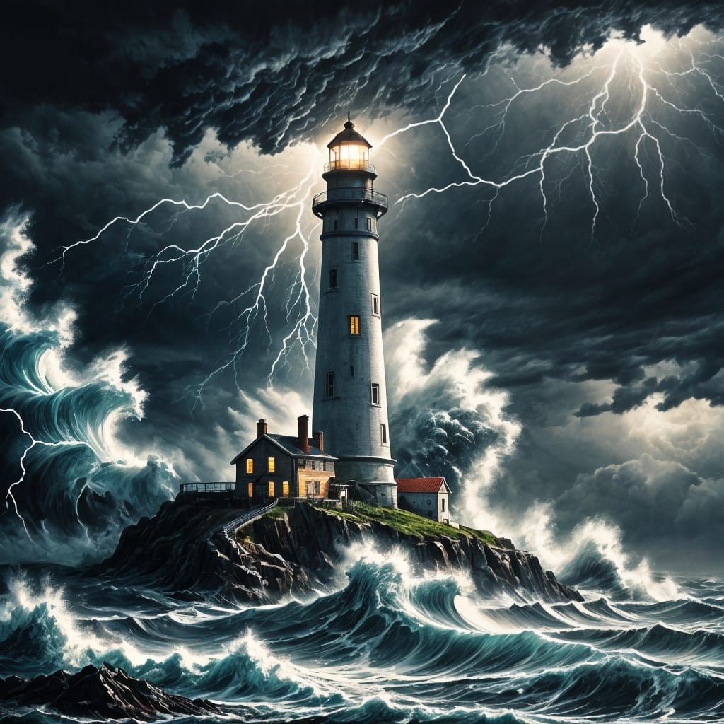 A lighthouse stands tall amidst a raging storm, its beam cut...