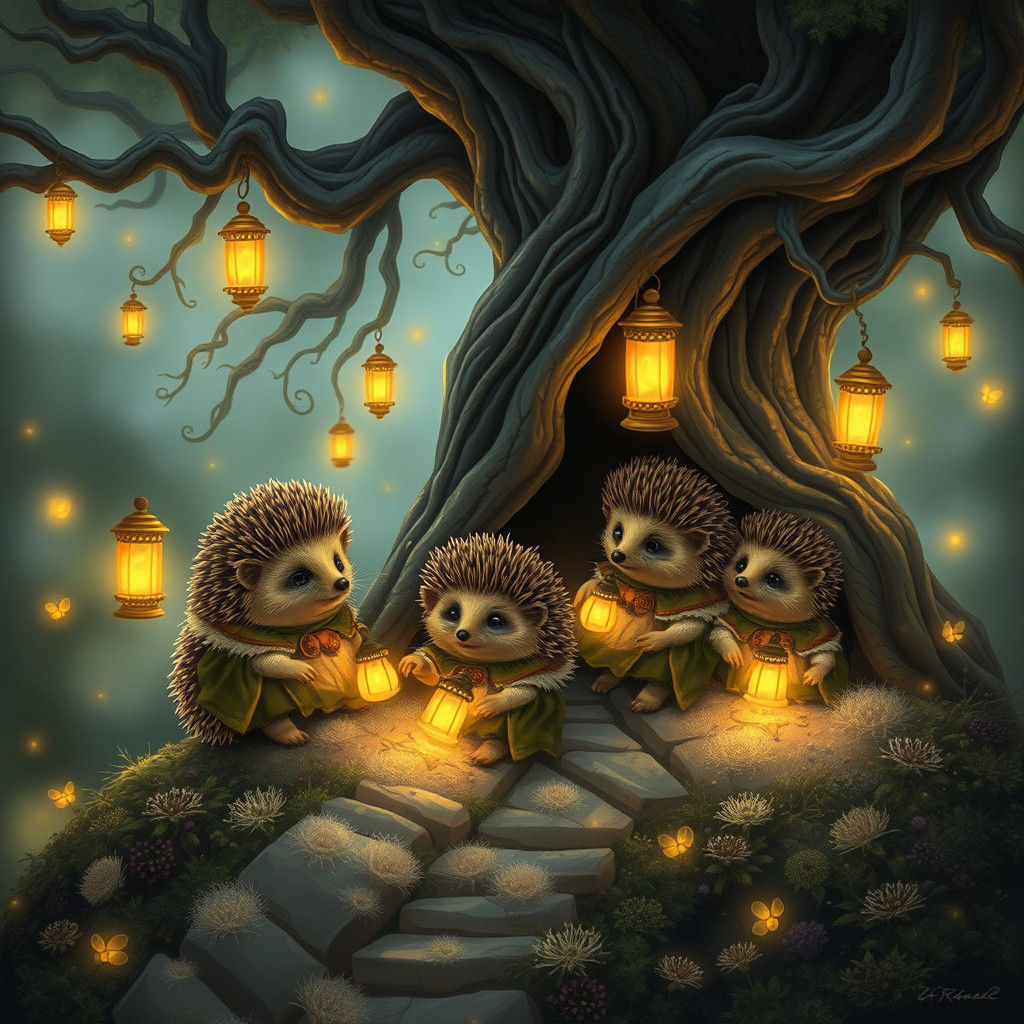 Hedgehog Family in Enchanted Forest, Cozy Style