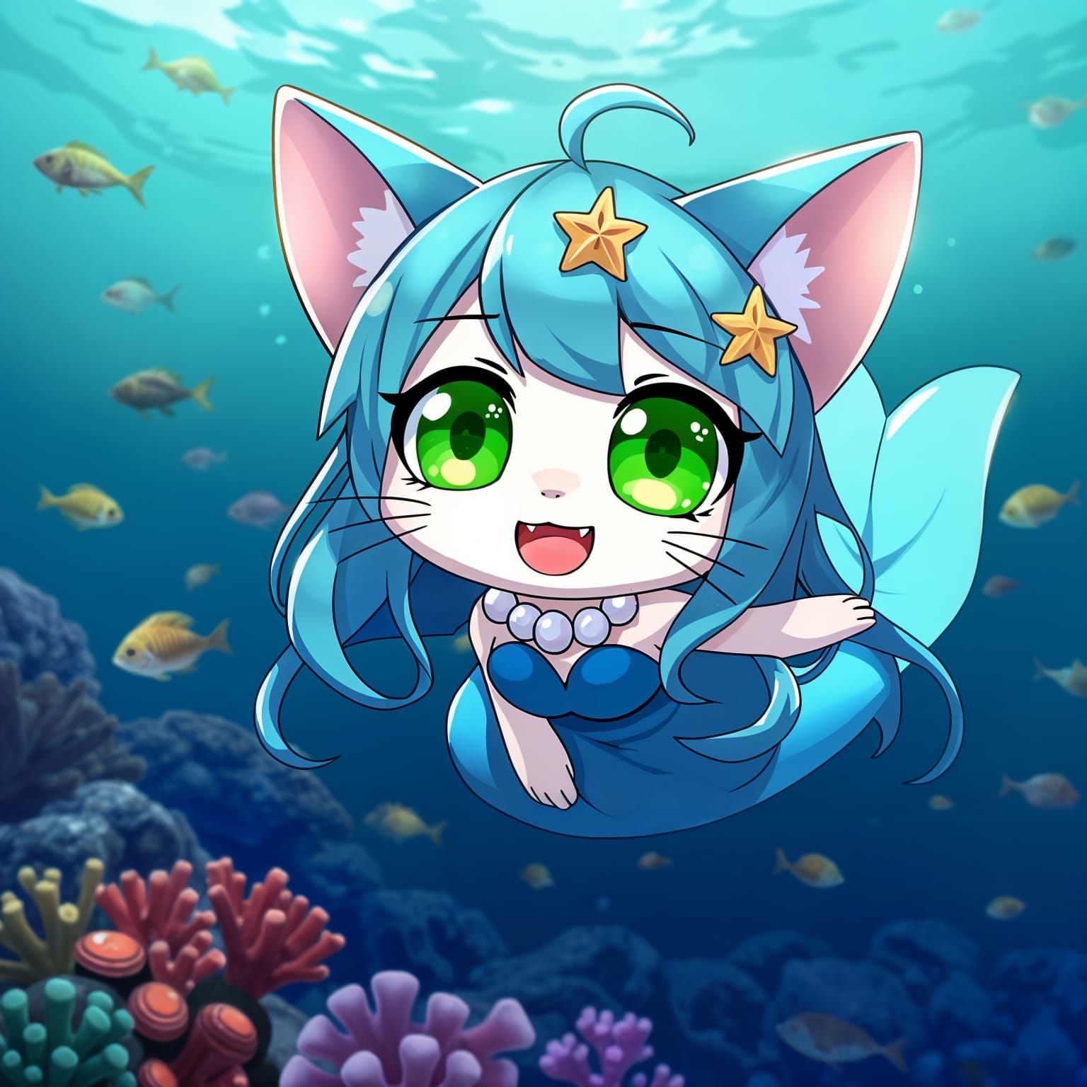 Adorable Anime Mermaid Catgirl in the Open Sea