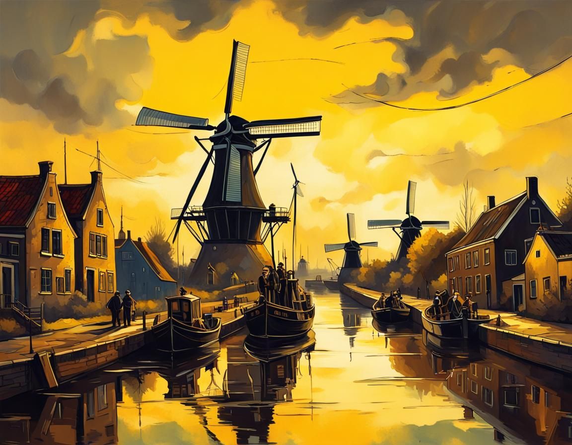 Steampunk Fishing Scene in Dutch Canal