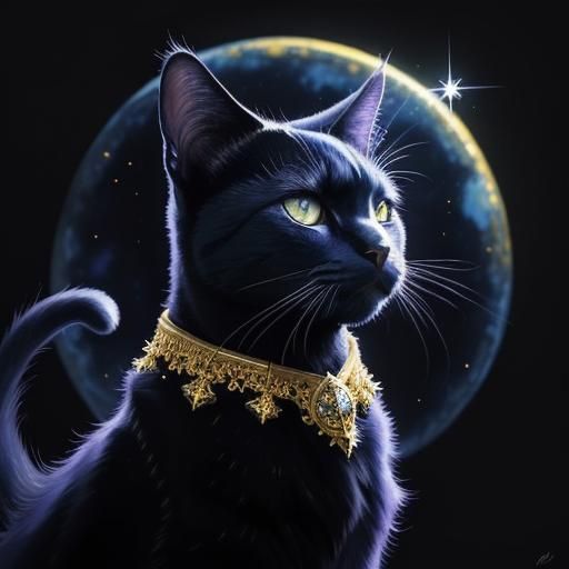Black Cat Gazing at Blue Moon in Fantasy Art
