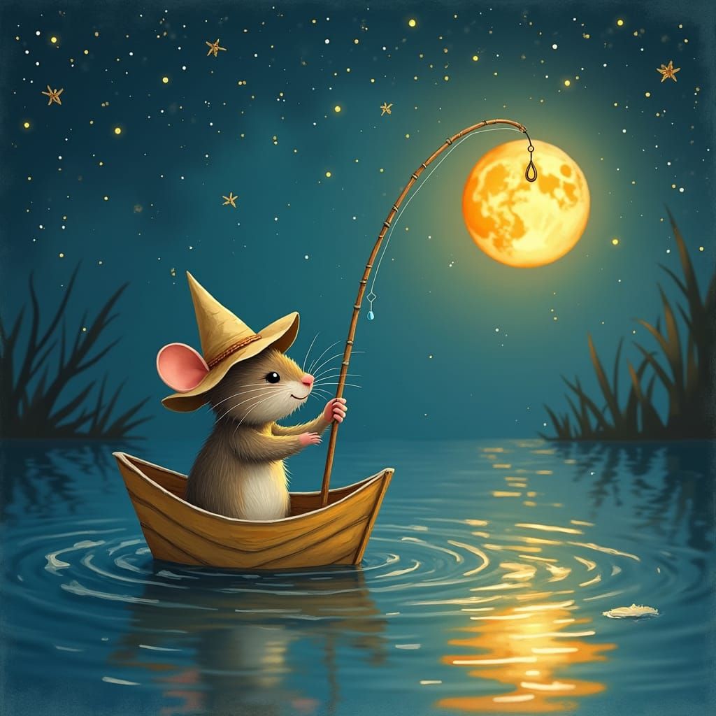 Mouse Fishing for the Moon in Paper Boat