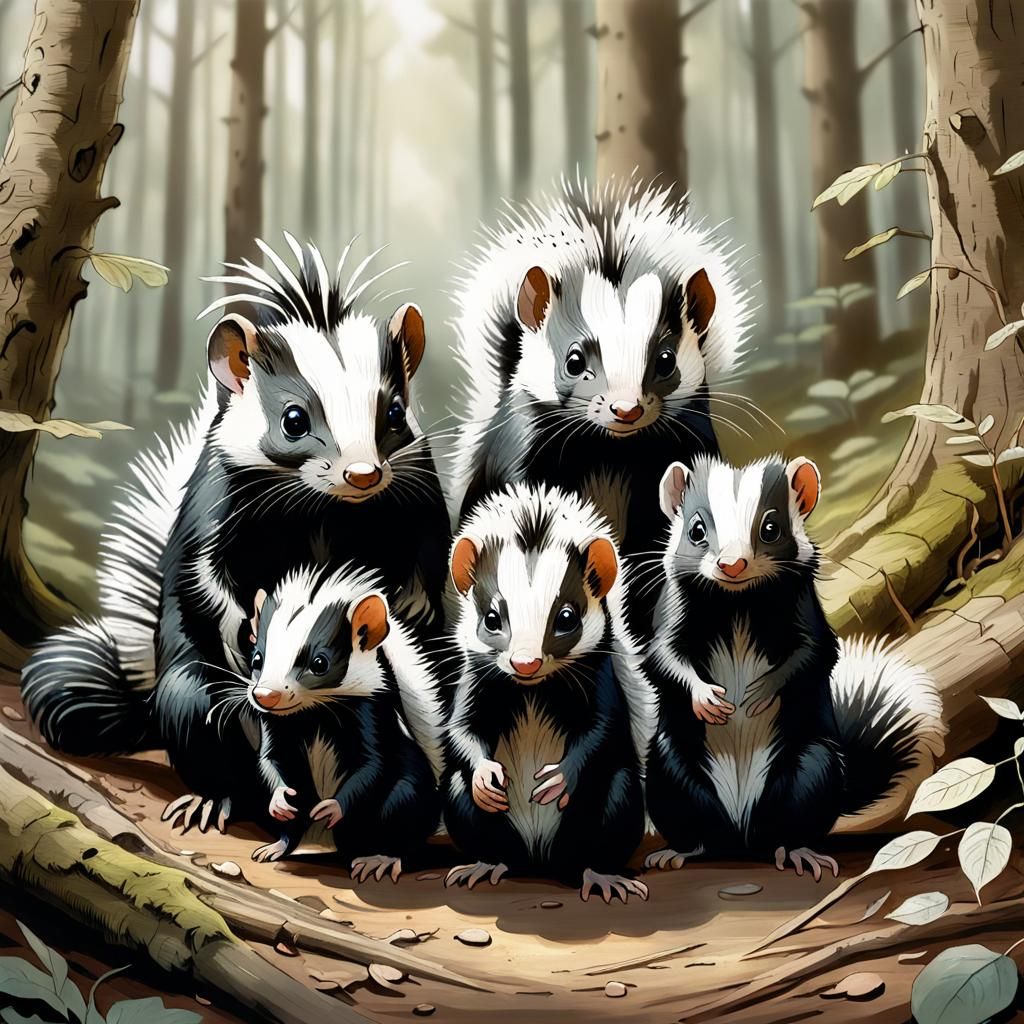 Cute Skunk Family in Forest: Pencil Sketch
