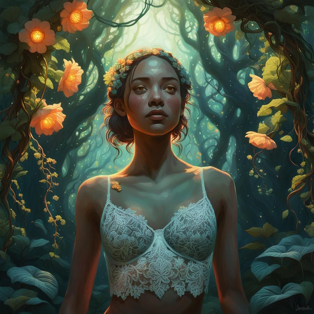 Luminous Forest Portrait: Girl with Glowing Flowers
