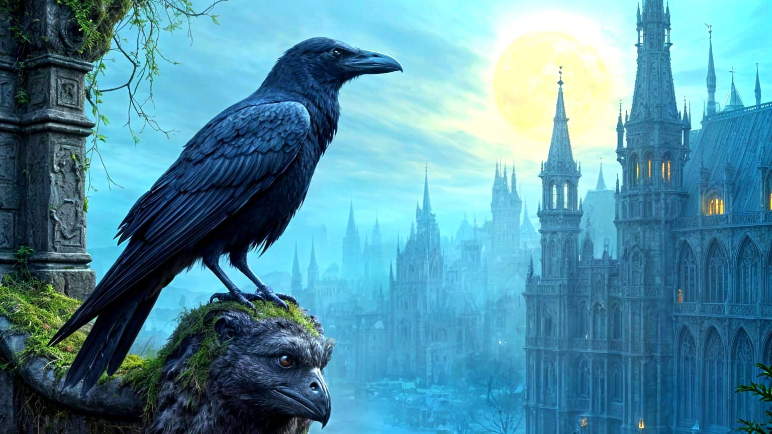 Majestic Raven Overlooking Moonlit Gothic Cityscape in Water...