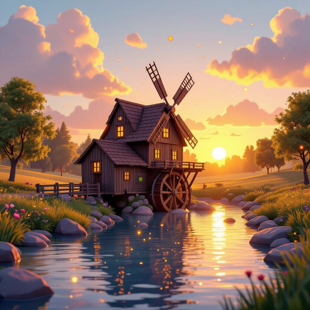 Charming 3D Cartoon Water Mill at Sunset