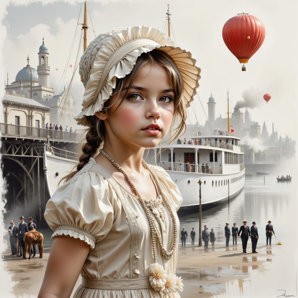 Steampunk Harbor Scene with Girl and Balloon