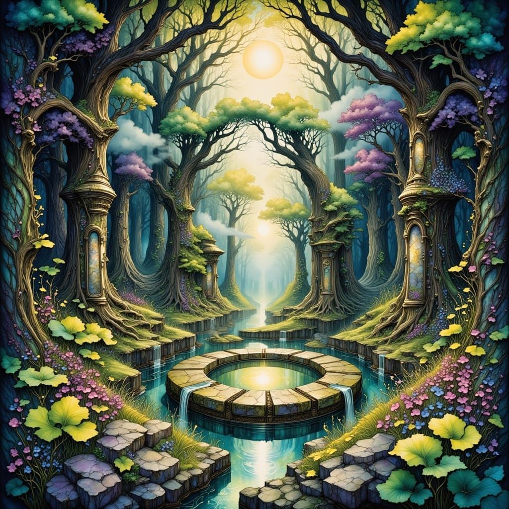 Enchanted Glade Pencil Sketch with Sacred Stones