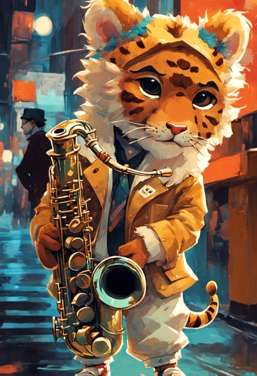 Chibi Lion Jazz Musician in Rainy City