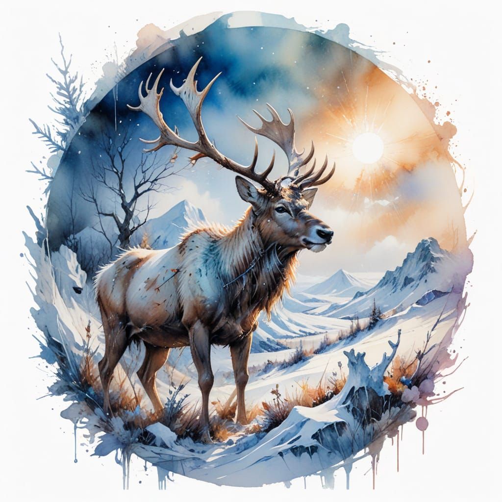 Winter Caribou in Ethereal Tundra Landscape