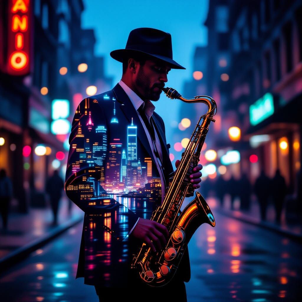 Jazz Saxophonist Double Exposure with Neon Cityscape