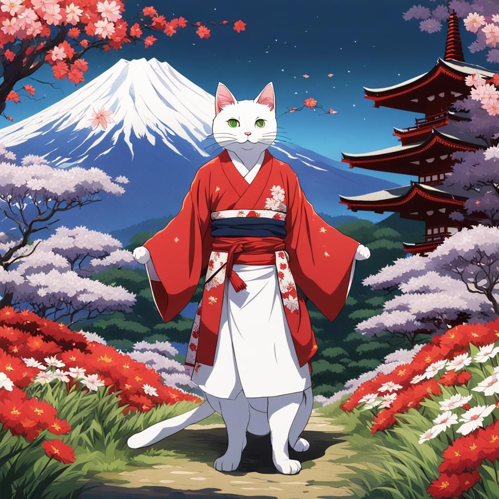 Samurai Cat in Kimono, Anime Style