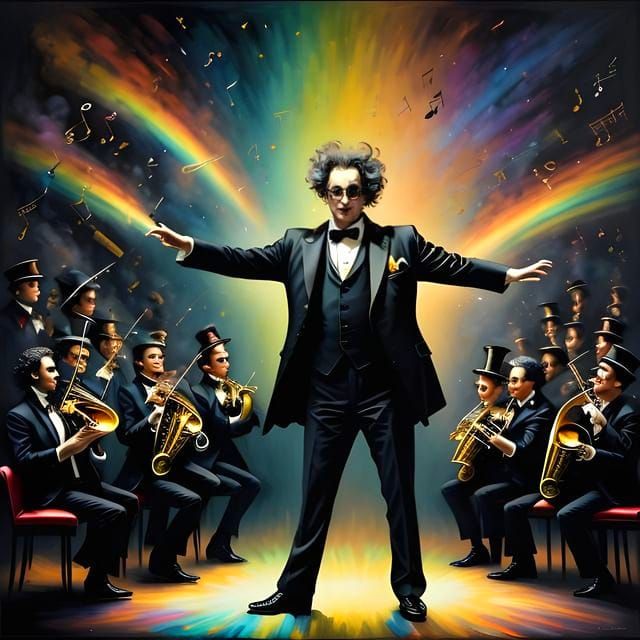 Sassy Conductor Leads Chaotic Orchestra in Dark Whimsy Style