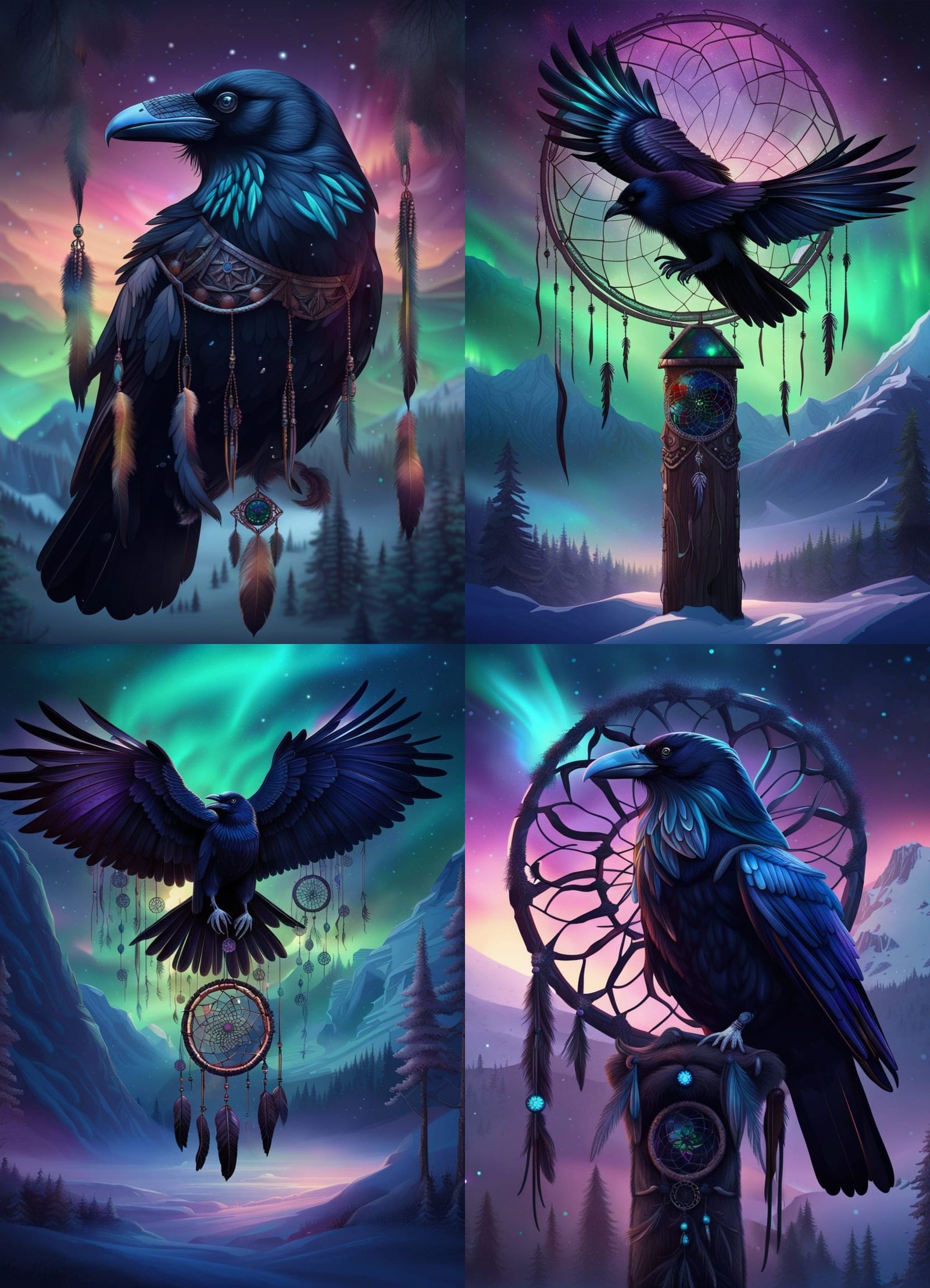 Totem Raven Dreamcatcher Under Aurora Borealis