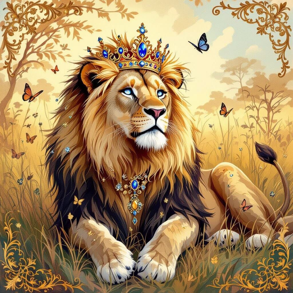 Lion with Sapphire Eyes and Crown in Rococo Style