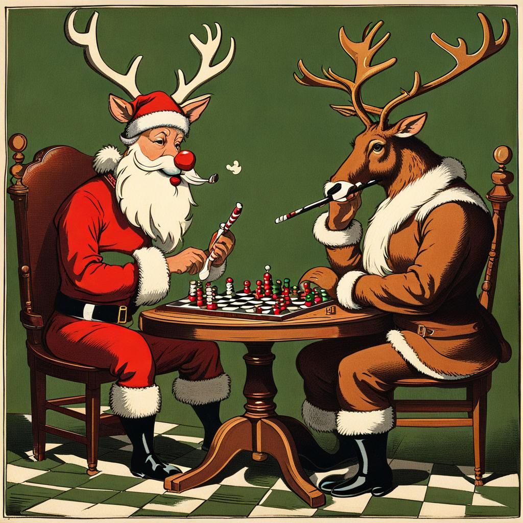Reindeer and Santa Playing Checkers