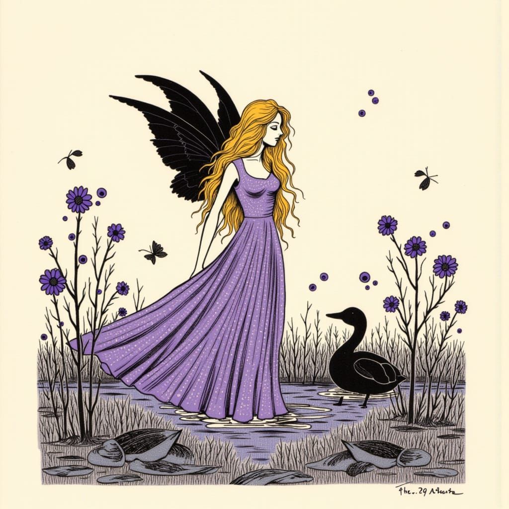 Fairy Woman by Duck Pond in Linocut Style