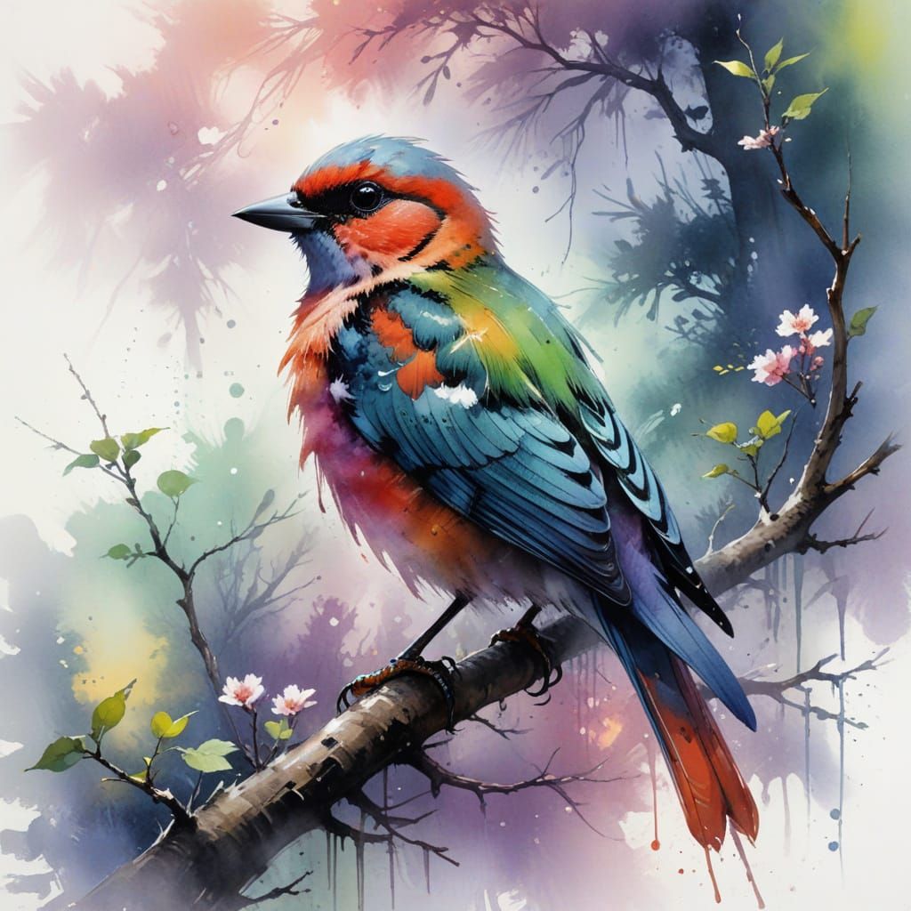 Vibrant Bird in Whimsical Tree Scene, Inspired by Yoji Shink...