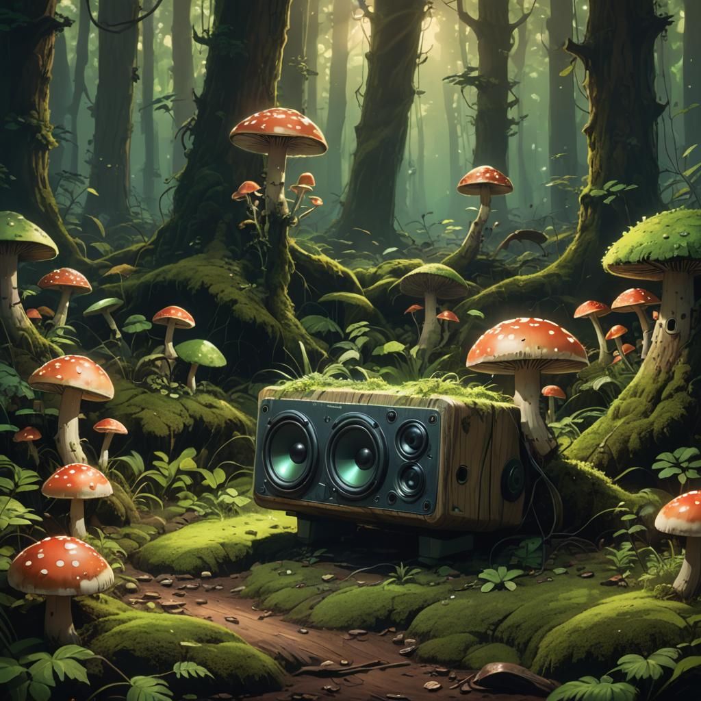 Speaker Head in Mossy Forest, Studio Ghibli Style