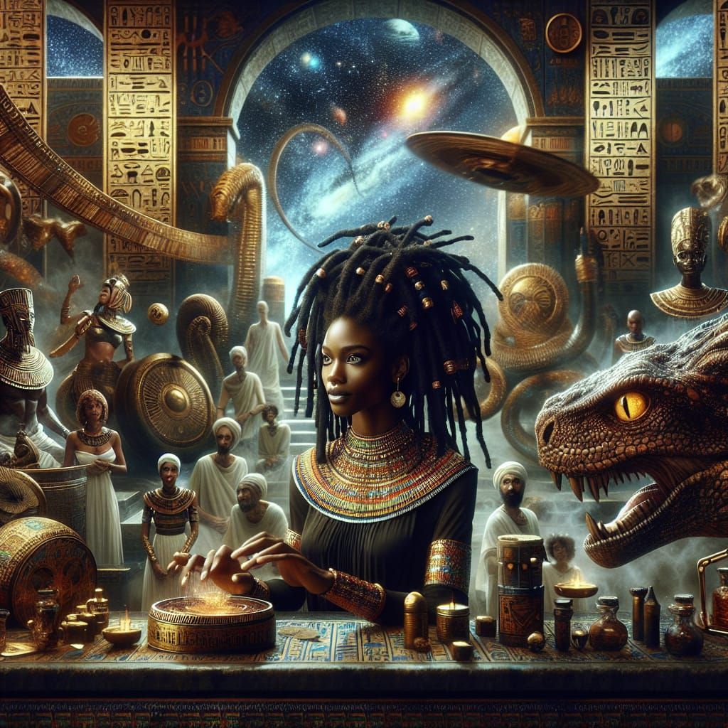 Egyptian Laboratory: Cosmic DNA Ceremony as Oil Painting