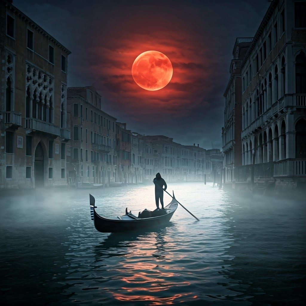 Eerie Venice Under Giant Red Moon