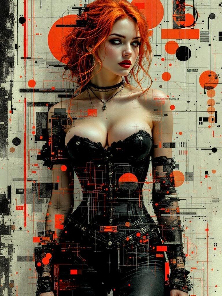Redhead Pin-Up in Glitch Art and Renaissance Engraving Style
