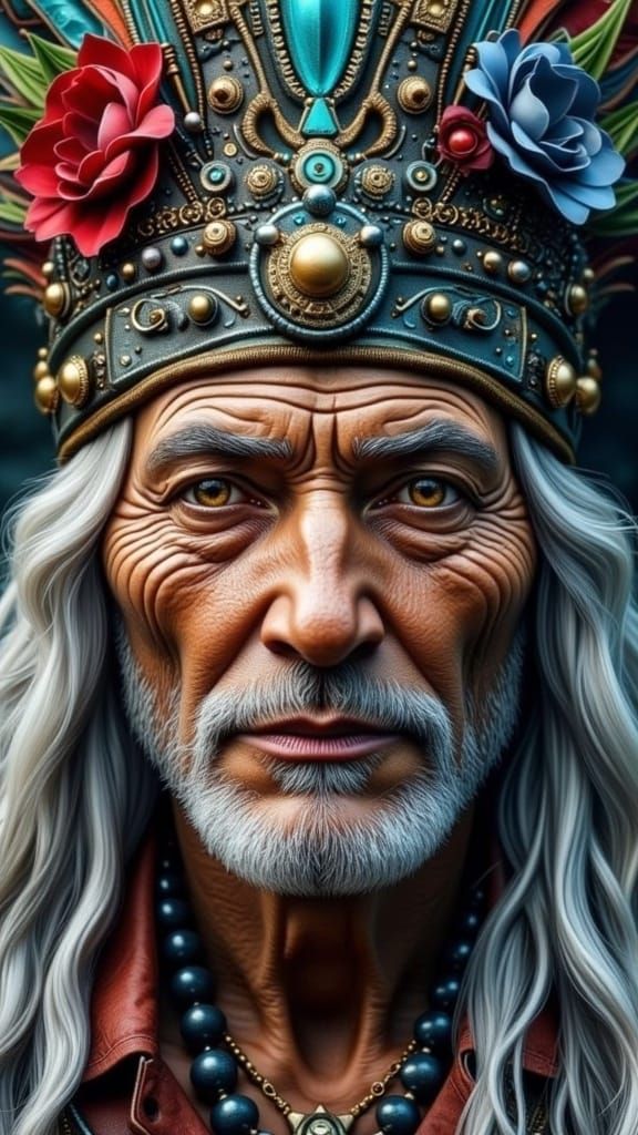 Ethereal Apache God in Vibrant Cyberpunk Landscape