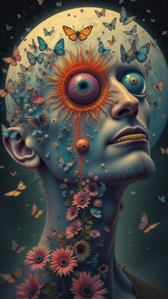 Man's Face Fractured into Butterfly Wings with Eyes