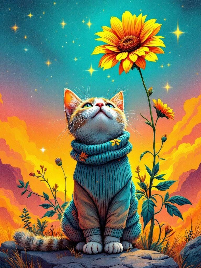 Cozy Cat Under Flower in Retro-Futuristic Comic Style