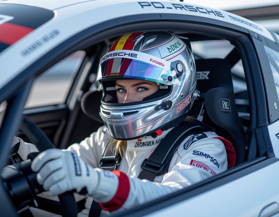 Intense Female Race Driver in Le Mans Car, Comic Book Art