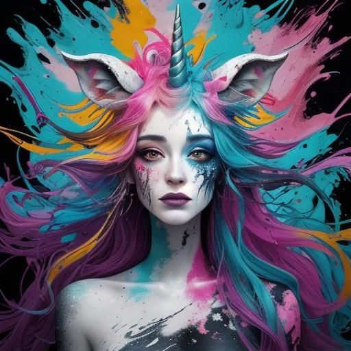 Unicorn in Ink Splatter Fantasy Forest