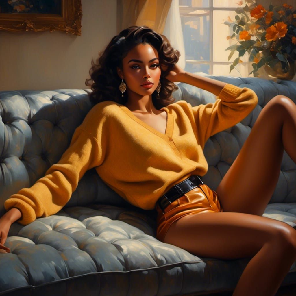 Dreamy Black Woman on Couch in Soft Light