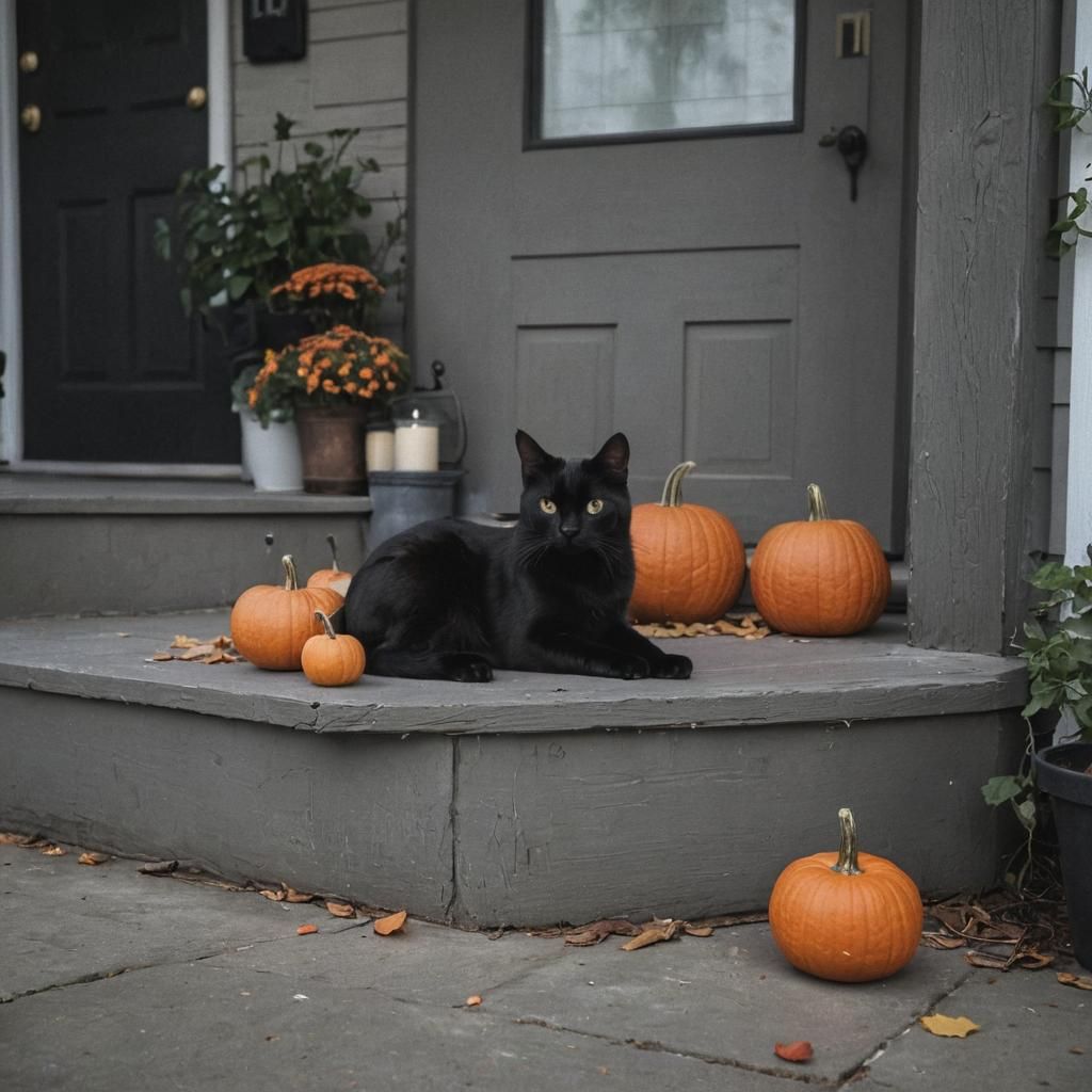 Black Cat Lounging Next to Pumpkin on Porch