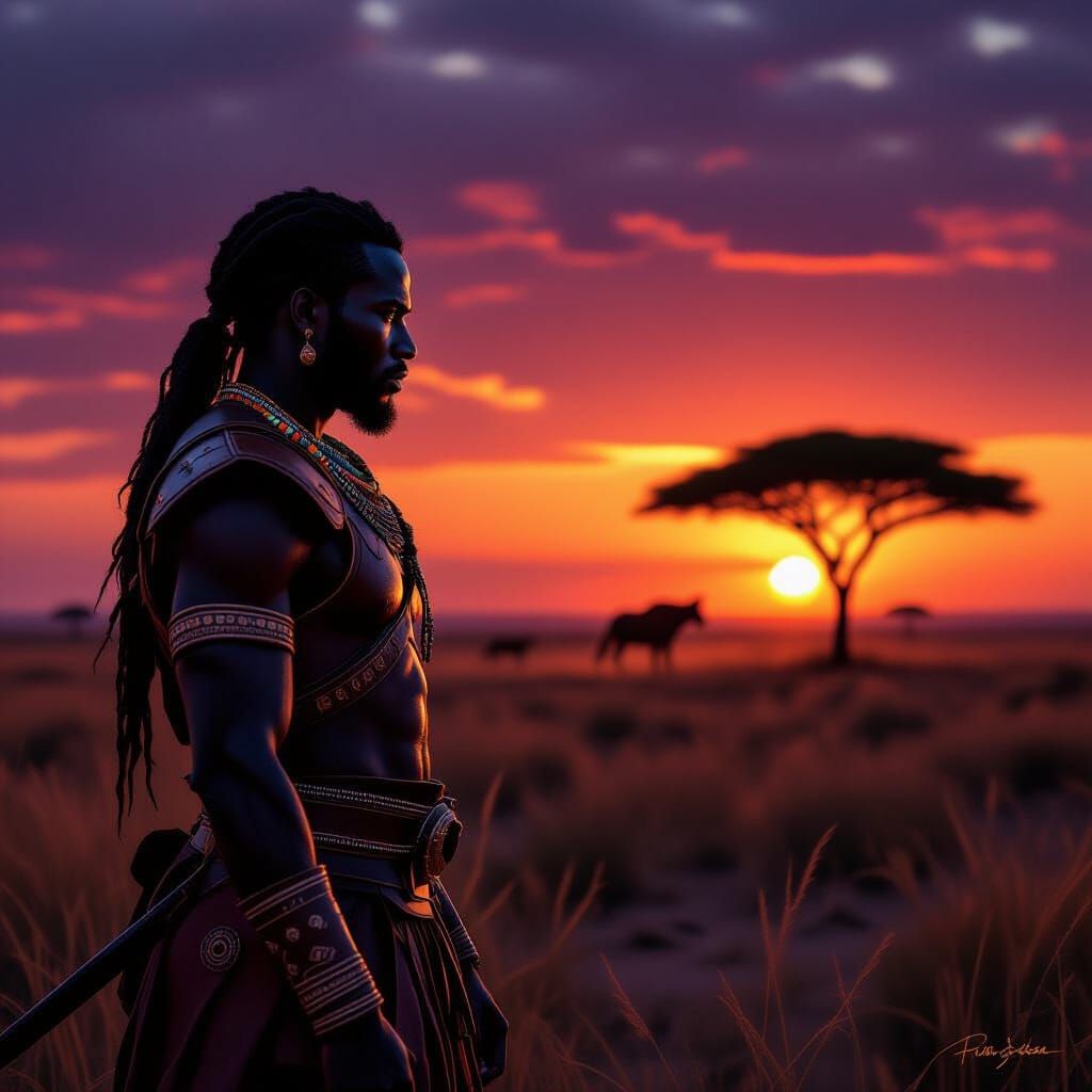 Senegalese Warrior on Savannah at Dusk