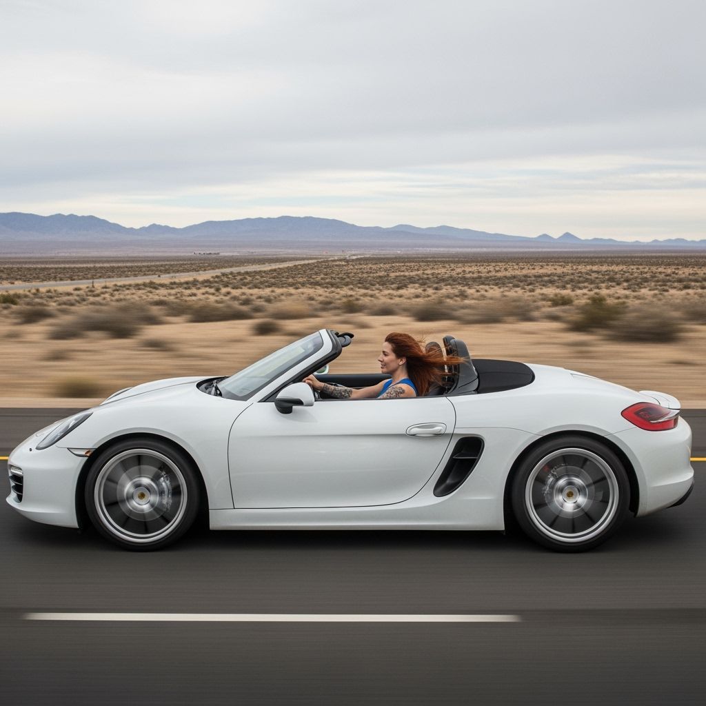 White Porsche Boxster Speeds Through Desert Highway