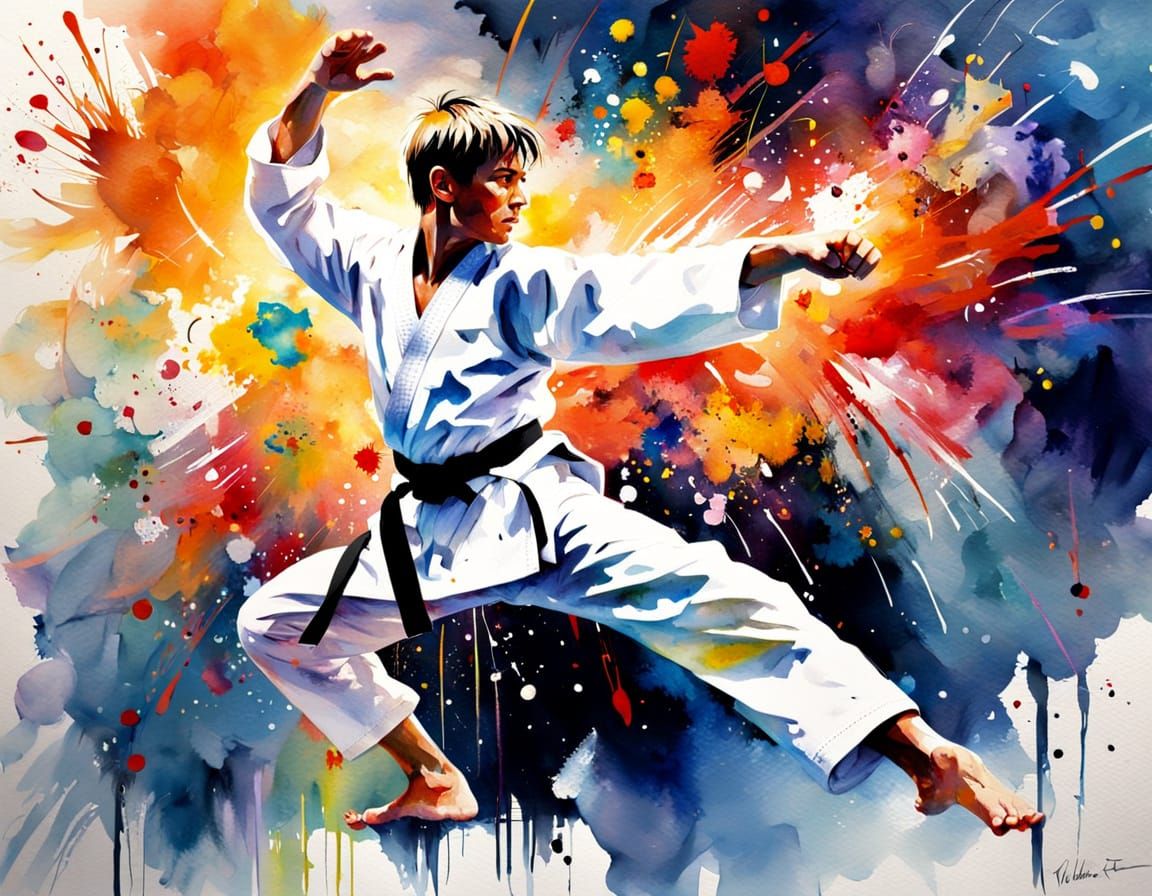 Energetic Karate Kid in Surreal Watercolor Style