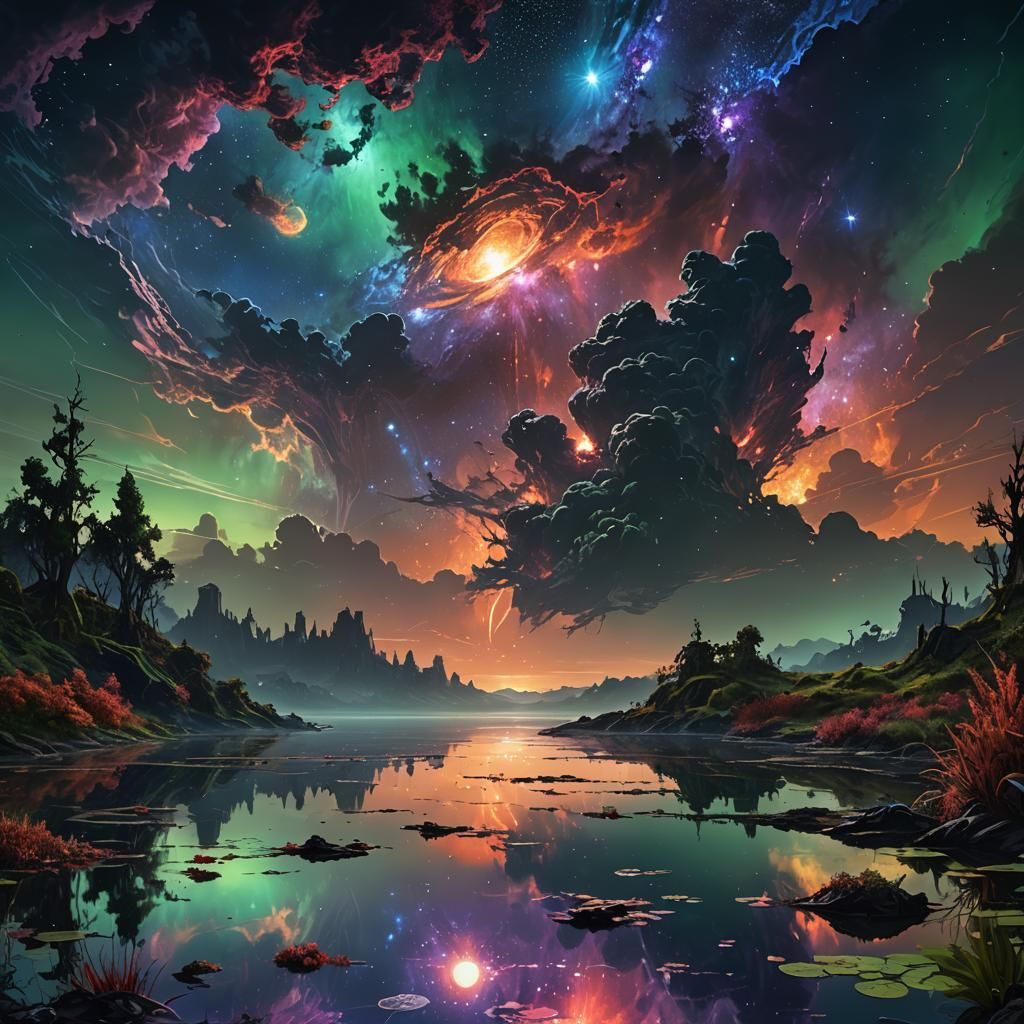 Otherworldly Lake Reflects Galaxy in Dark Fantasy Art