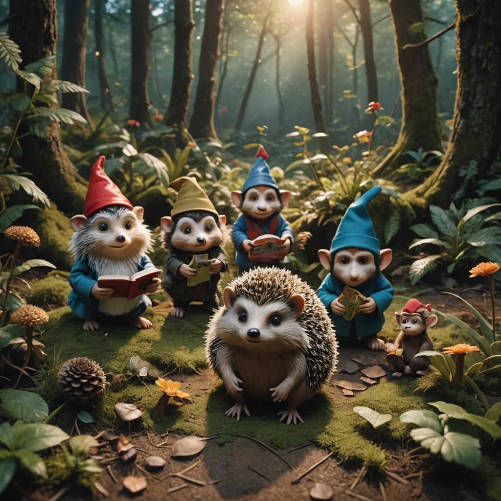 Storybook Scene with Hedgehog, Gnome, and Monkey