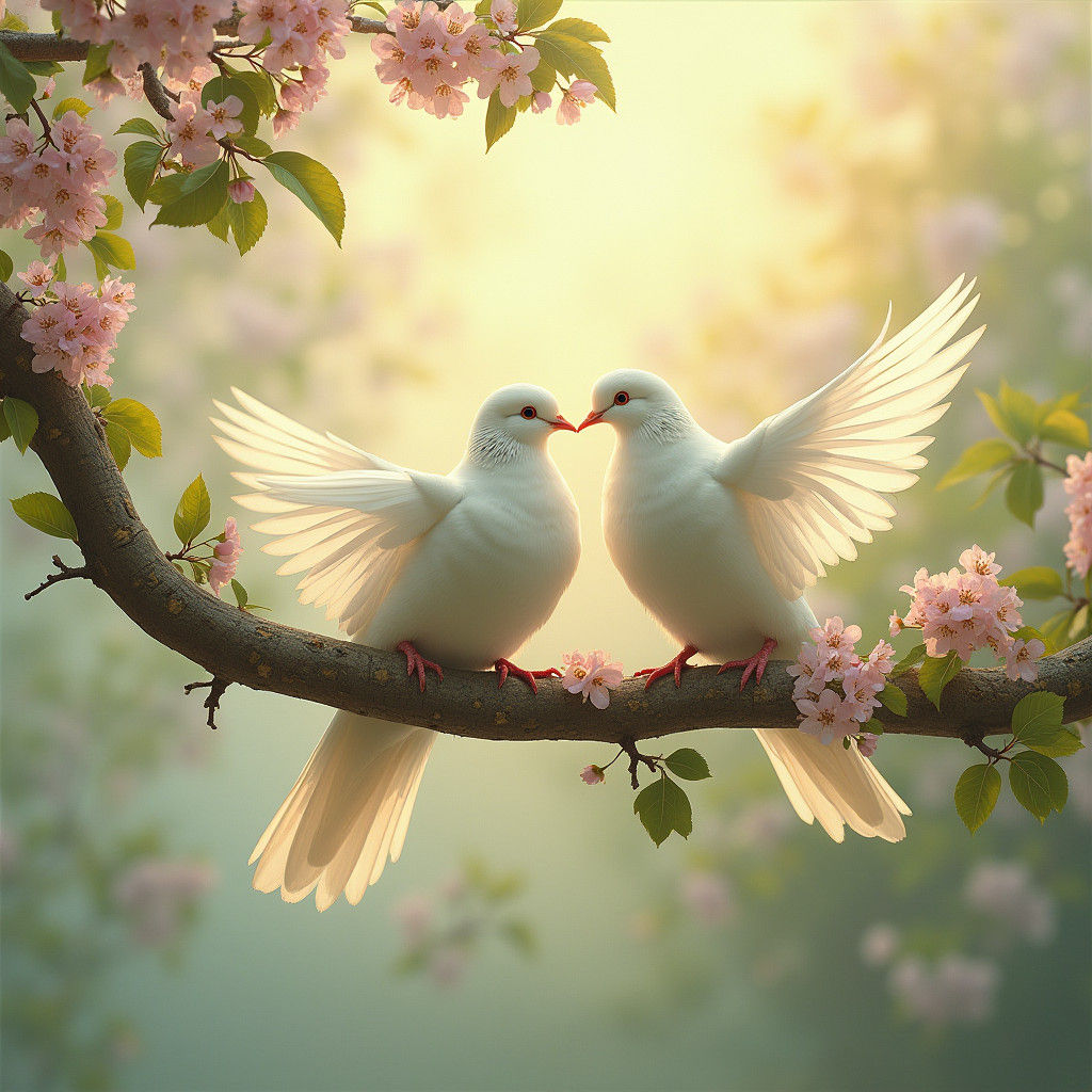 Doves on Branch with Flowers in Pre-Raphaelite Style