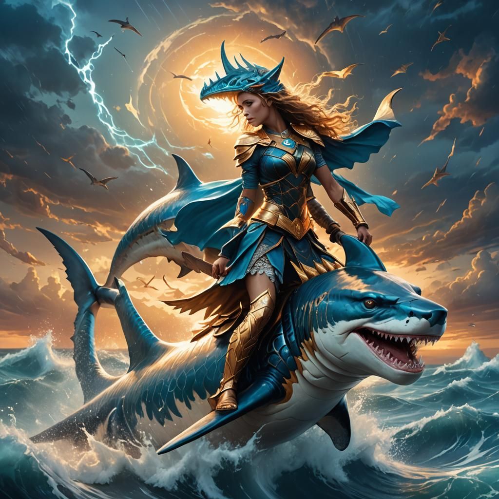 Valkyrie Rides Shark in Stormy Sky: Fantasy Art