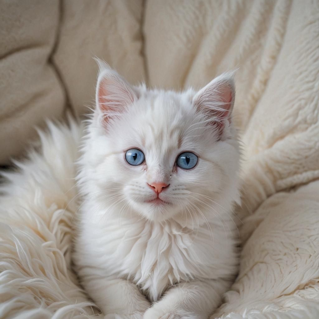 Smiling Fluffy White Kitten with Blue Eyes