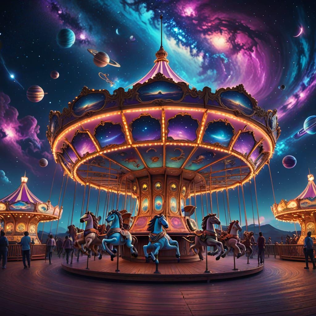 Cosmic Carousel with Spinning Planets in Neon Digital Art