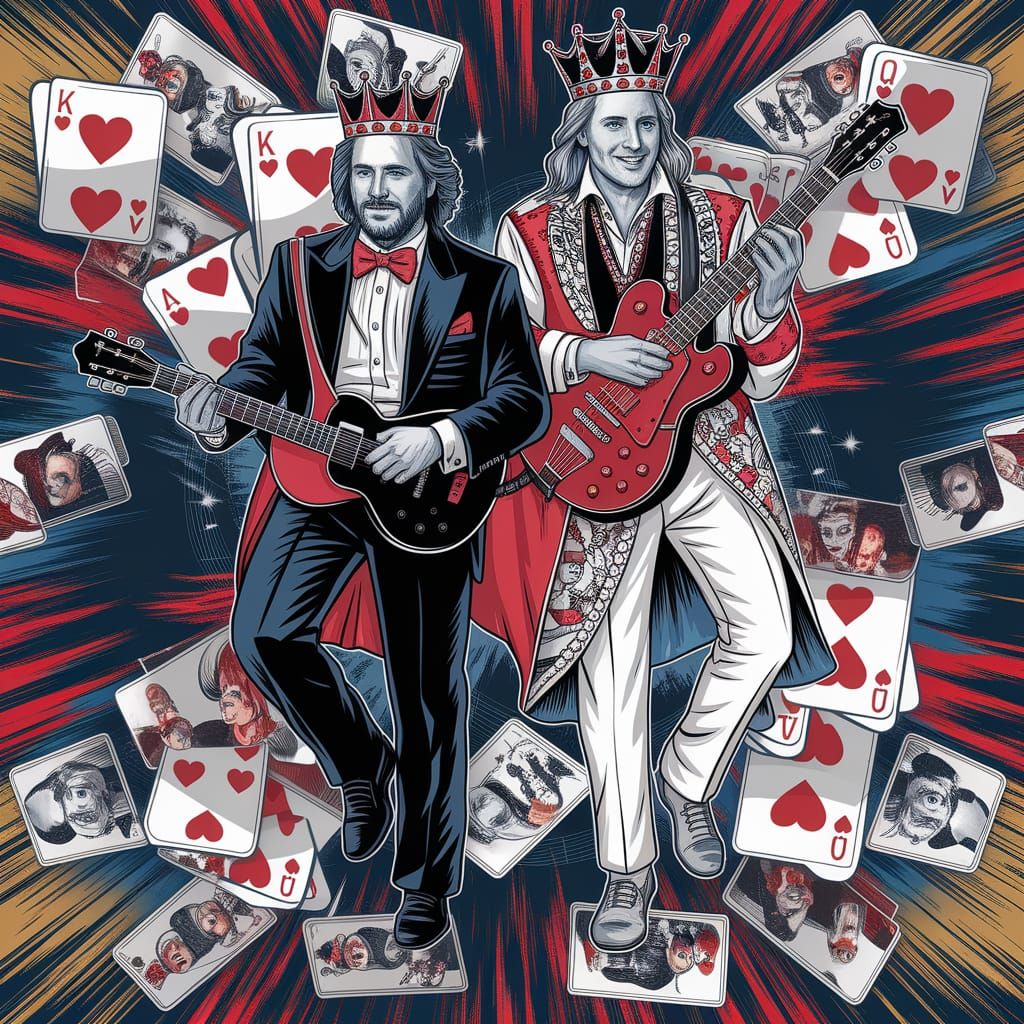 A rock and roller King and Queen of Hearts playing guitars, ...