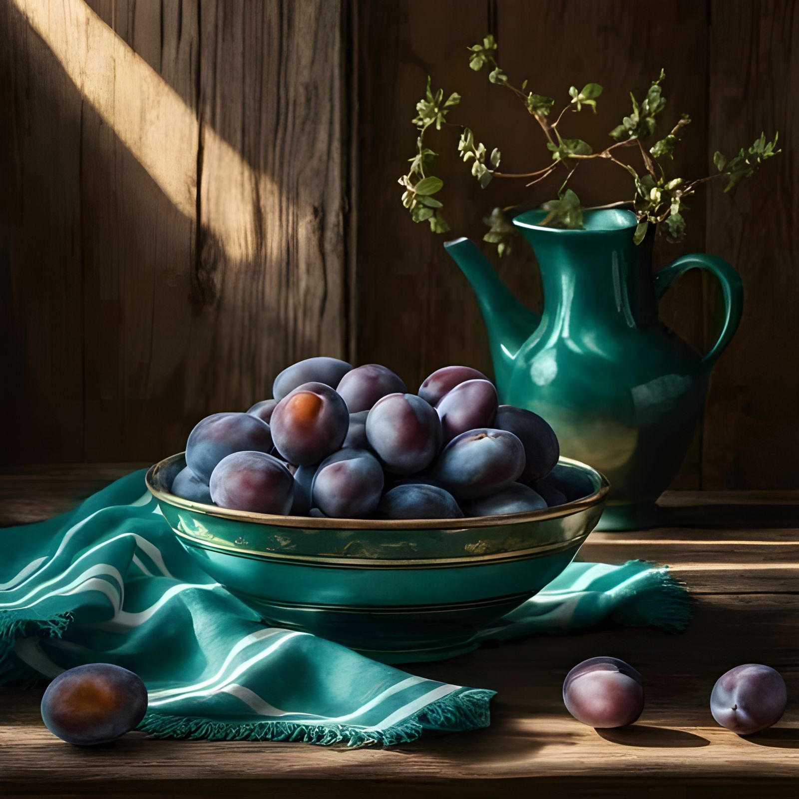 Turquoise Bowl of Plums: Still Life Masterpiece