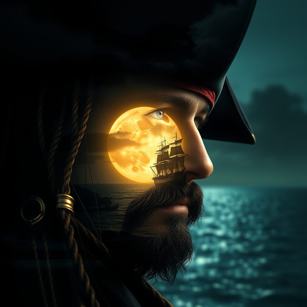 Pirate's Moonlit Vision: Hyperrealistic Double Exposure Art